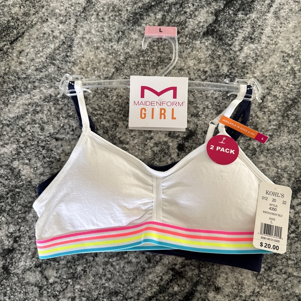 MAIDENFORM GIRL 2 PACK SEAMFREE CROP‎ BRAS - STRIPE NAVY SIZE Large NWT #360